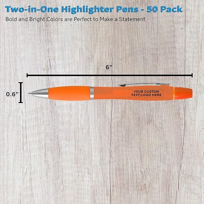 DISCOUNT PROMOS Personalized Two in one Highlighter Pens - 50 pack - Plastic Pens - Customizable Text, Logo - Orange