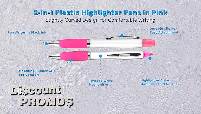 DISCOUNT PROMOS 10 Plastic Highlighter Pens Pack - Rubber Grip, Black Ink - Pink