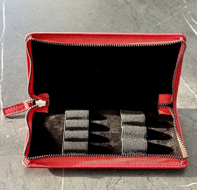 DiLoro Leather Zippered Triple or Quad Pen Case Pencil Pouch Holder for Three or Four Fountain Ballpoint Rollerball Pens or Glasses (Nappa Red)