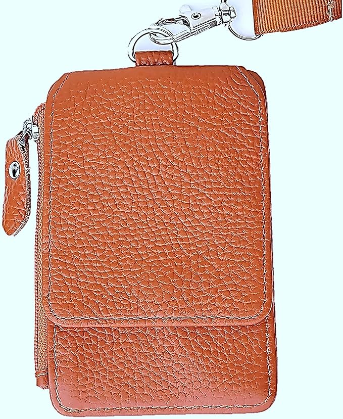 Aslana Genuine Leather ID Badge Card Holder with Lanyard, Mini Wallets, RFID Blocking Protection (A3- Tan)