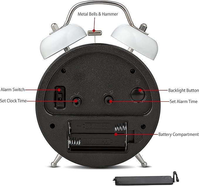 Bernhard Products Analog Alarm Clock Extra Loud Twin Bells Retro White 4 Inch Silent Non-Ticking Quartz Battery Operated with Backlight, Decorative Bedside Table Desk Vintage Clocks for Heavy Sleepers