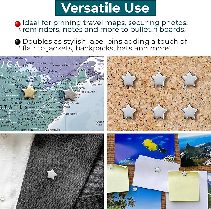 Big Star Push Pins - Silver Star Pins - for Cork Board, Maps, or Lapel Pin Use - Designed in USA - Set of 10