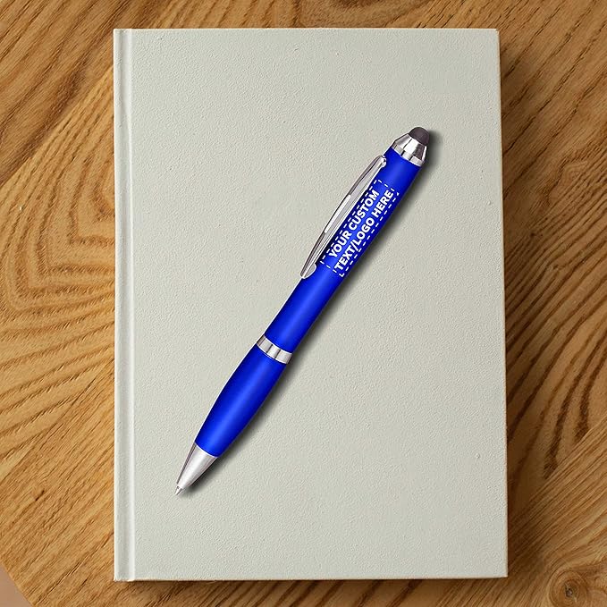 DISCOUNT PROMOS Custom Plastic Stylus Pens Set of 10, Personalized Bulk Pack - Black Ink, Great for Office, School, Business, Tradeshows, Events - Blue