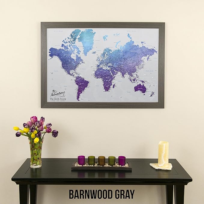 Canvas - Personalized Vibrant Violet World Push Pin Travel Map with Barnwood Gray Frame