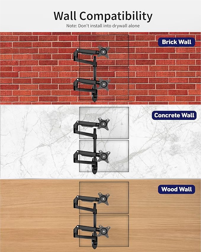 Dual Monitor Wall Mount for Flat or Curved Screens up to 38" Within 25 lbs, Adjustable Monitor Arm with Cable Management, VESA 75x75/100x100mm Monitor Mount for 2 Monitors, Black