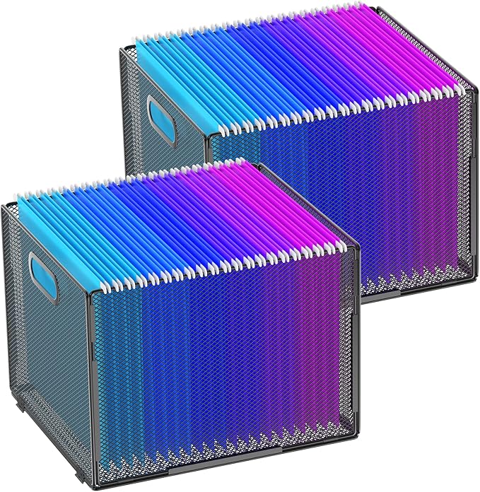 Hanging File Organizer, File Box Organizer with Handle, Metal Mesh Hanging File Folder Box, Letter Size Filing Crate Bin Holder for Home Office Desk(2 Pack)
