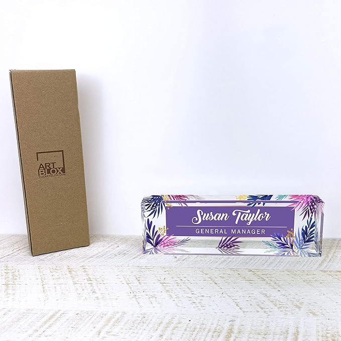 Artblox Office Desk Name Plate Personalized | Custom Name Plates for Desks | Purple Leaf Design On Clear Acrylic Glass | Office Desk Decor - (8" x 2.5")