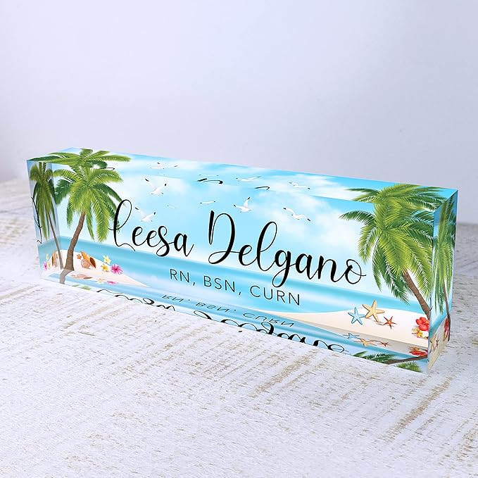 Artblox Office Desk Name Plate Personalized | Custom Name Plates for Desks | Sea Beach Design On Clear Acrylic Glass | Office Desk Decor - (8" x 2.5")
