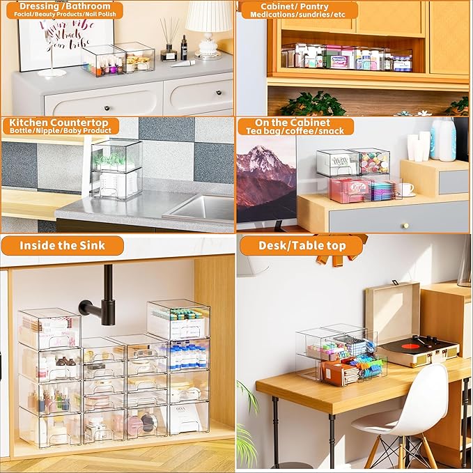 4.4" Tall Small Clear Acrylic Stackable Storage Drawers for Vanity,Under Sink,Bathroom Closet,Medicine Cabinet Organization and Plastic Storage Bins for Organizing Makeup,Baby Bottles,Pacifier,2 PCS