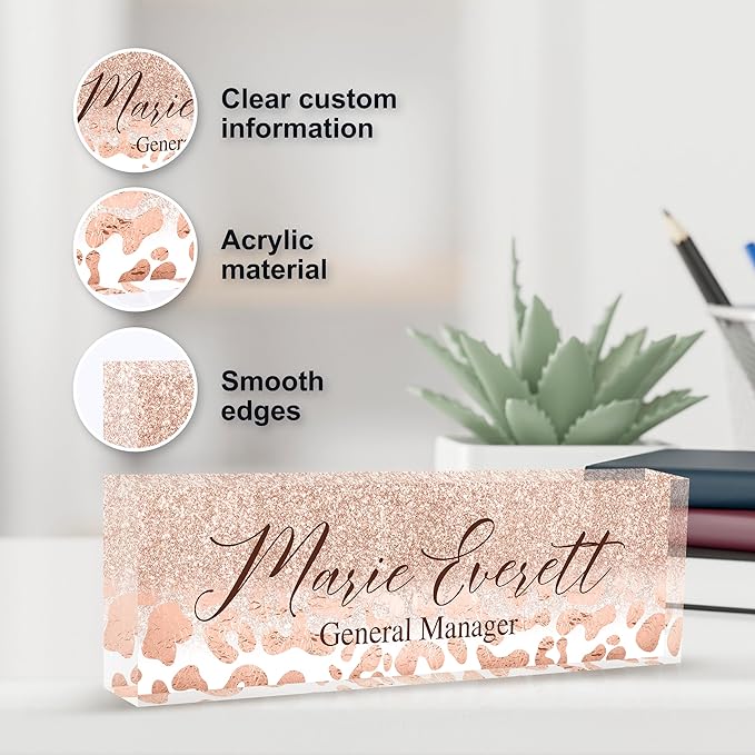 Personalized Name Plate for Desks, Custom Desk Name Plates, Acrylic Name Plate Office Desk Accessories, Personalized Office Gifts for Coworkers Teachers, Employee Appreciation Gifts (B-Leopard Print)