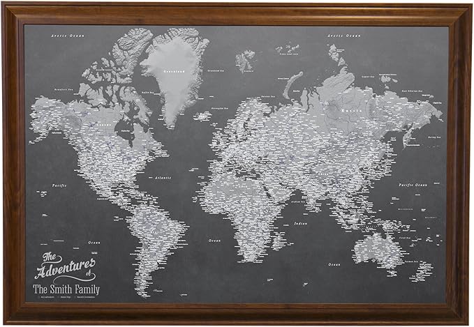 Canvas - Personalized Stormy Dreams World Push Pin Travel Map with Brown Frame
