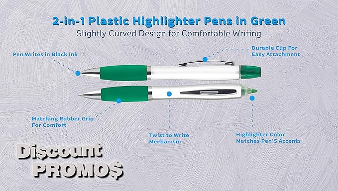 DISCOUNT PROMOS 10 Plastic Highlighter Pens Pack - Rubber Grip, Black Ink - Green
