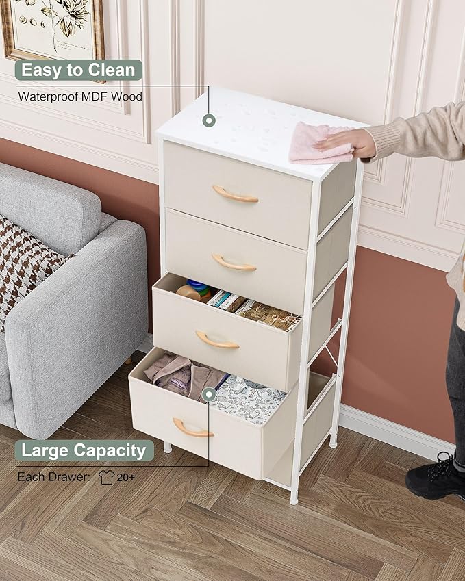 Crestlive Products Vertical Dresser Storage Tower - Sturdy Steel Frame, Wood Top, Easy Pull Fabric Bins - Organizer Unit for Bedroom, Hallway, Entryway, Closets - 5 Drawers(Beige)