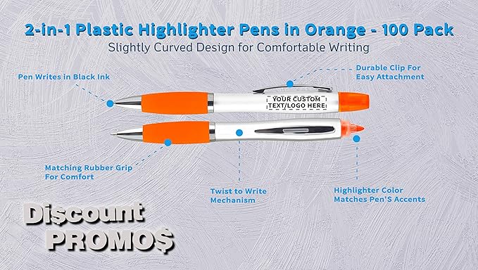 DISCOUNT PROMOS Personalized Plastic Highlighter Pens - 100 pack - Customizable Text, Logo - Orange