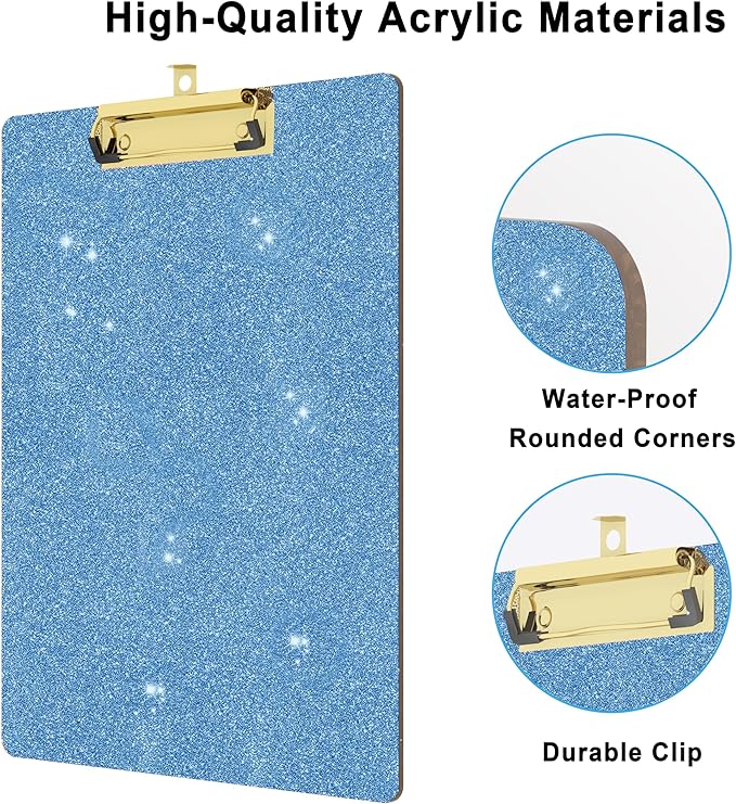 Glitter Acrylic Clipboard Decorative Standard A4 Letter Size 12.2" x 8.7", Fashion Bling Clip Boards with Designed Low Profile Gold Clip for Classroom Office - Light Blue
