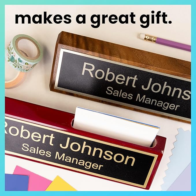 ExcelMark Personalized Walnut Wood Business Desk Black Name Plate with Gold Letters - 2"x 8"