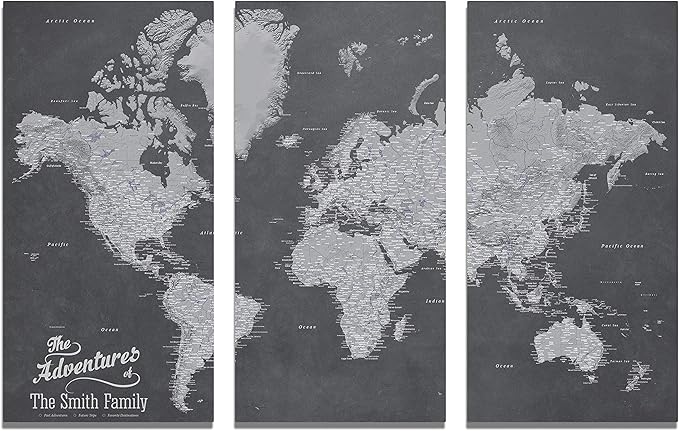 3 Panel - Stormy Dreams World Canvas Travel Wall Map - Personalized Gallery Wrapped