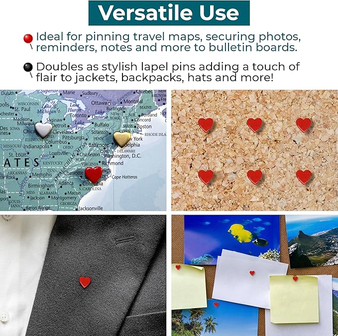 Mini Red Heart Push Pins - Mini Red Metal Heart Map Pins - for Cork Board, Maps, or Lapel Pin Use - Designed in USA - Set of 4