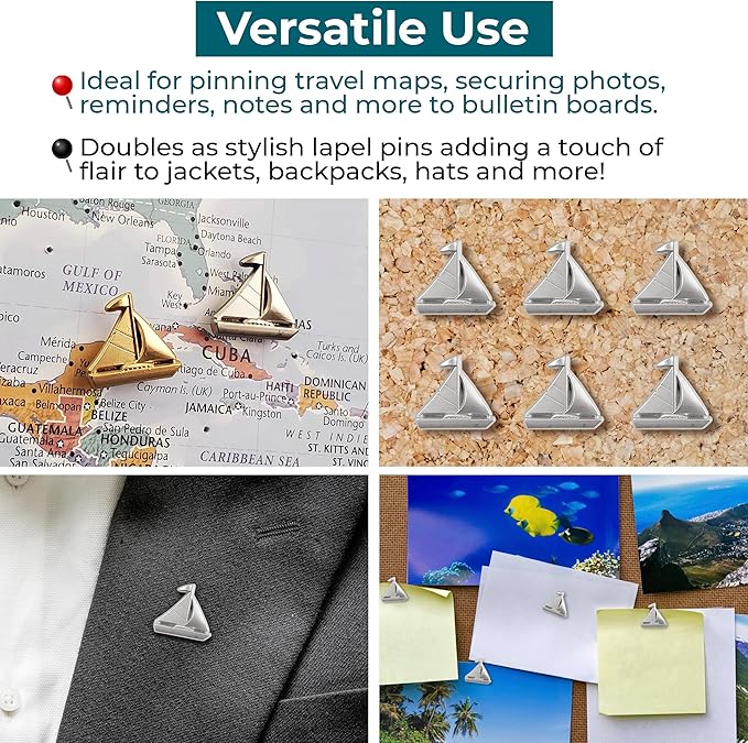 Sailboat Push Pins - Silver Sailing Pins - for Cork Board, Maps, or Lapel Pin Use - Designed in USA - Set of 20