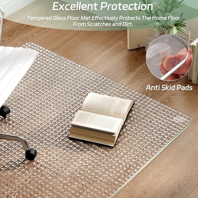 GLSLAND 36"x46" Tempered Glass Chair Mat – Checkered Patterned Heavy Duty Floor Mats Protector for Hardwood Floors & Carpet, Decorative Home and Office Desk