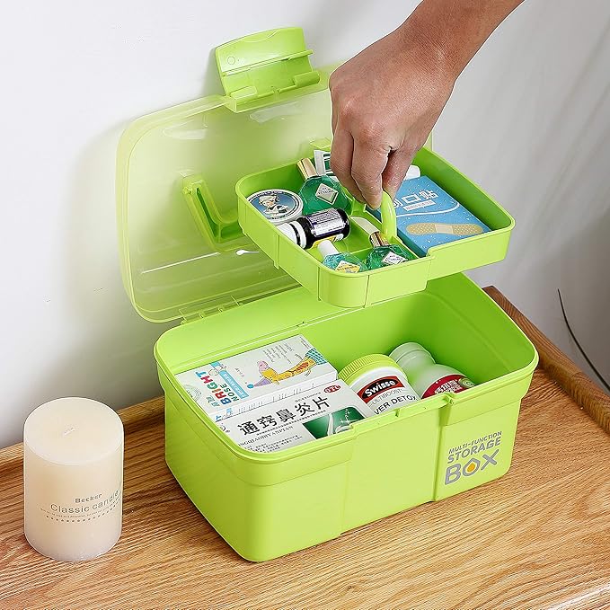 11'' Plastic Storage Box with Removable Tray, Multipurpose Organizer and Storage Case for Art Craft and Cosmetic (Green)