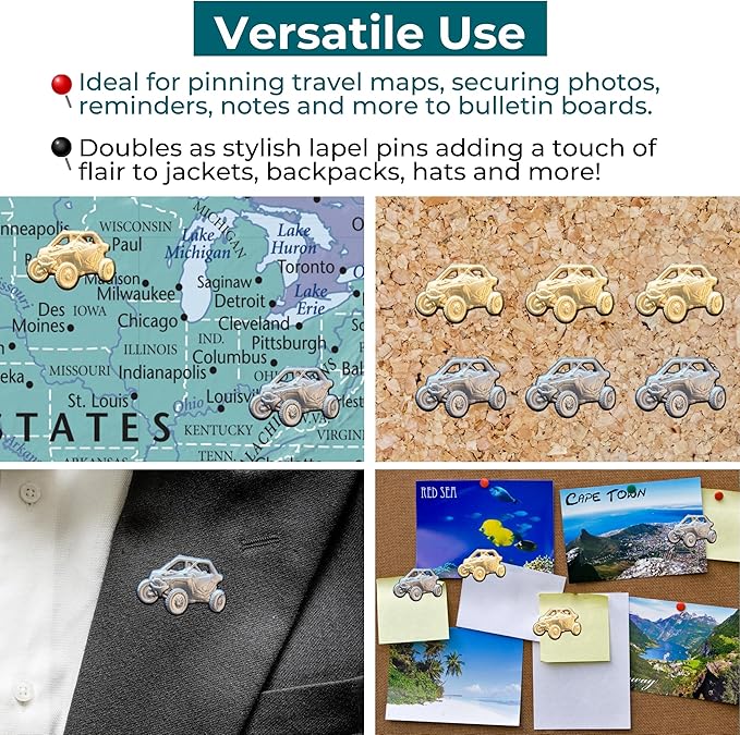 UTV Push Pins - Gold Off-Road Vehicle Map Pins for Cork Boards, Maps, or Lapel Use - Designed in USA - Set of 20