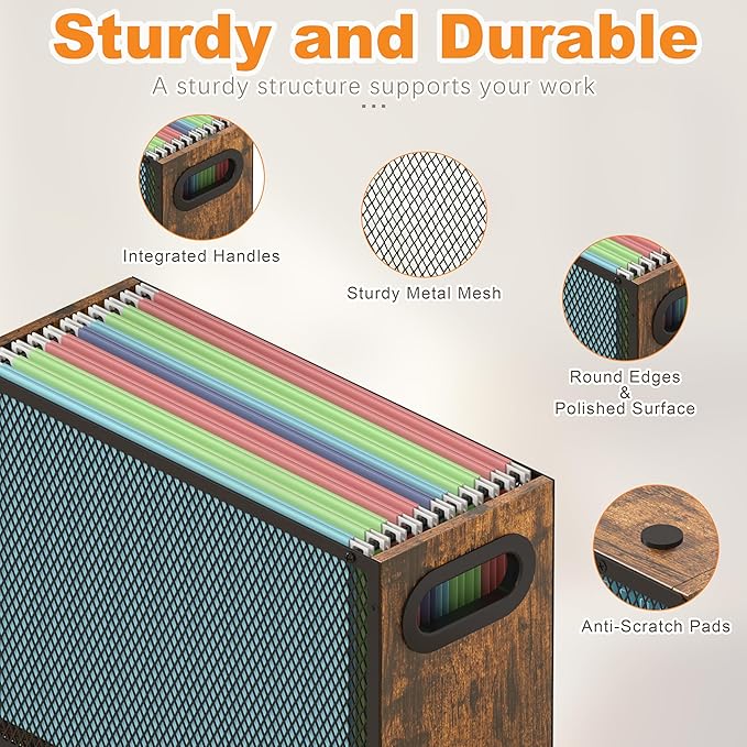 Piskyet Wooden Hanging File Organizer for desk, Metal Mesh File Folder Organizer Crate Cabinet Storage Box with Handle for Home Office Desk,Letter - Size,Rustic Brown