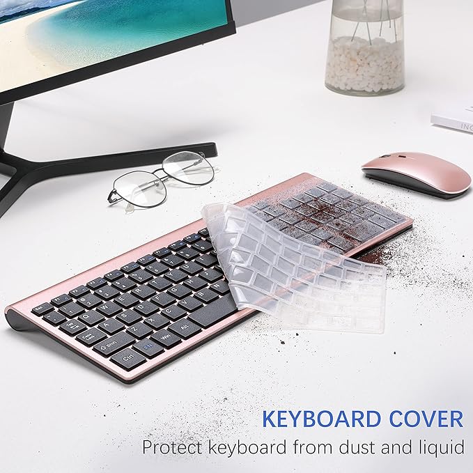 Wireless Keyboard and Mouse Ultra Slim Combo, TopMate 2.4G Silent Compact USB 2400DPI Mouse and Scissor Switch Keyboard Set with Cover, Batteries Included, for PC/Laptop/Windows/Mac - Rose Gold Black