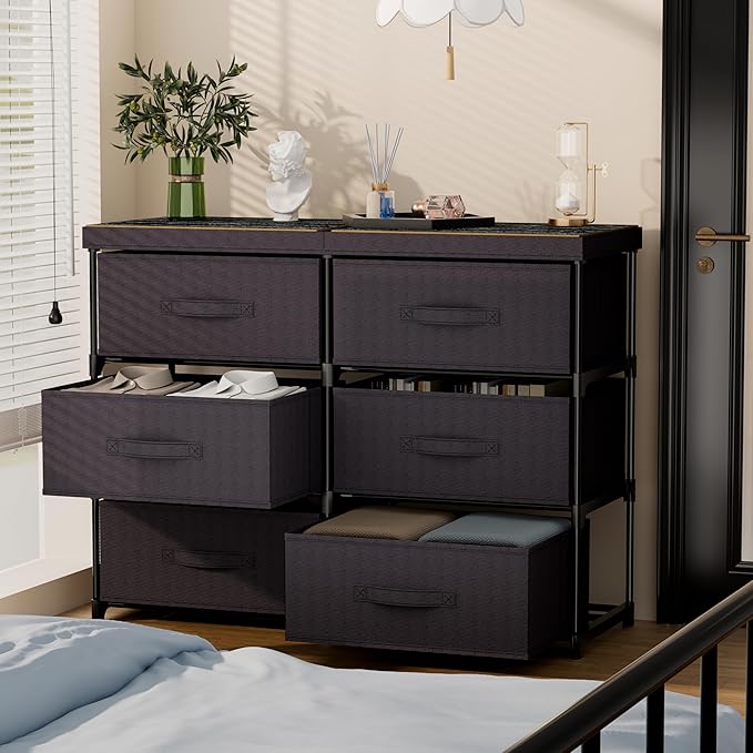 Dresser with 6 Fabric Drawer Stand Desktop Sturdy Metal Plastic Support Tube Cube Storage Cabinet for Bedroom Organization Dorm Front Hall Entryway