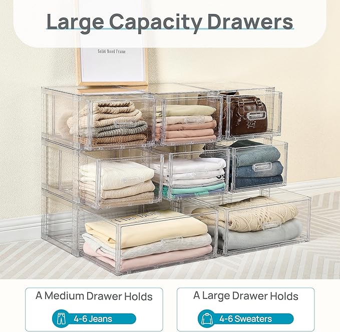 Vtopmart 3 Pack 18QT Clear Stackable Storage Drawers,Easily Assemble Closet Organizers,Plastic Storage Bins for Bathroom,Cabinet,Kitchen Pantry,Under Sink Organization(Medium)