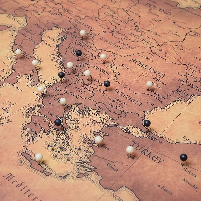 Conquest Maps Push Pin Europe Map Board - With Push Pins to Mark Europe Travel - Handmade in Ohio, USA - Design: Golden Aged