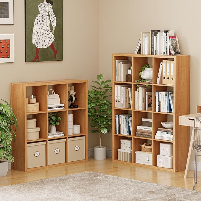 Cube Storage Organizer Bookcase, Decorative 11 inch Open Back Cubical Shelf with Thickened Border, Display Bookshelf for Living Room, Home Office, Sturdy Room (Natural Oak, 9 Cube)