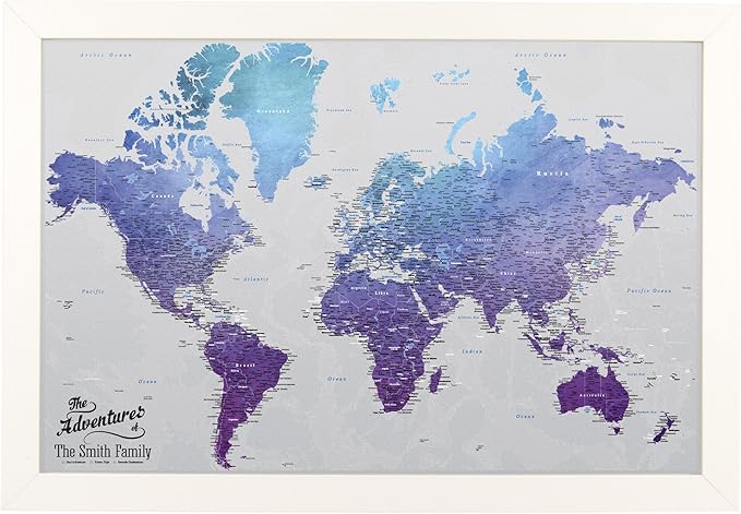Canvas - Personalized Vibrant Violet World Push Pin Travel Map with Textured White Frame