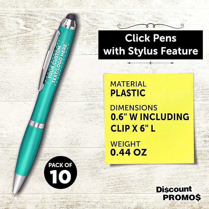DISCOUNT PROMOS Custom Plastic Stylus Pens Set of 10, Personalized Bulk Pack - Black Ink, Great for Office, School, Business, Tradeshows, Events - Teal