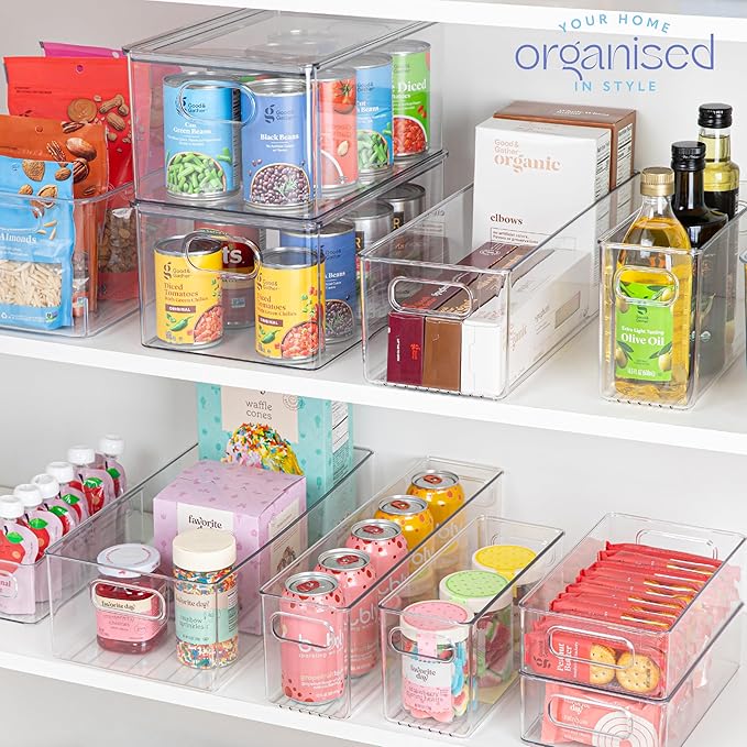 primebox Plastic Food Storage 4 Pack Clear Container Bin with Handles for Organizing Kitchen, Pantry, Fridge, Freezer, Pantry,Bathroom. 16"x4"x5"