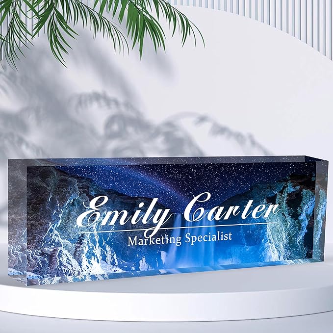 Custom Desk Name Plate Personalized, Acrylic Name Plates for Desk, Office Decor Personalized Gifts for Teacher Coworkers Boss Nurse (Glittering Blue Sea)