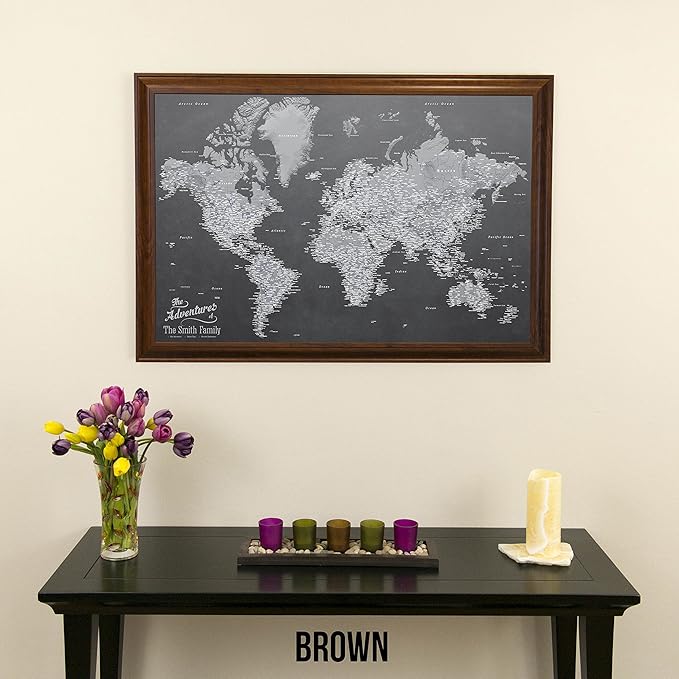 Canvas - Personalized Stormy Dreams World Push Pin Travel Map with Brown Frame