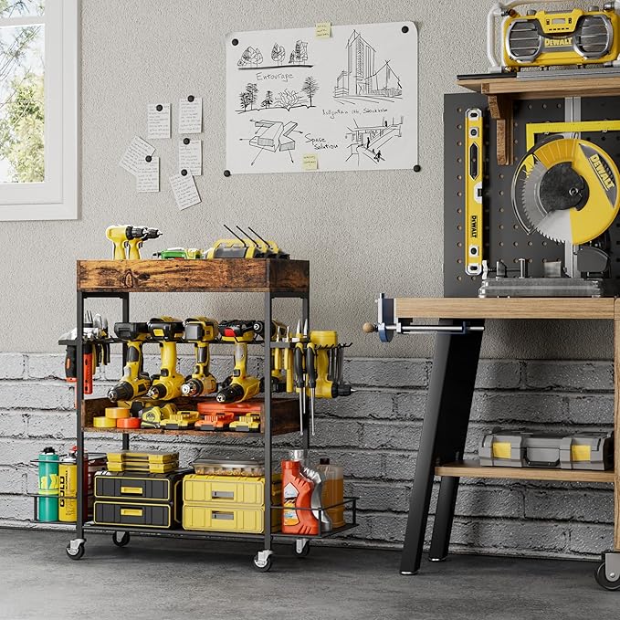Dunatou Power Tool Organizer Cart Heavy Duty 4 Tier Rolling Tool Cart Garage Storage with Drill Rack Shelf Open Tool Chest Organizer with Wheels Workshop and Garage Ideas for Men or Dad (Rustic Brown)