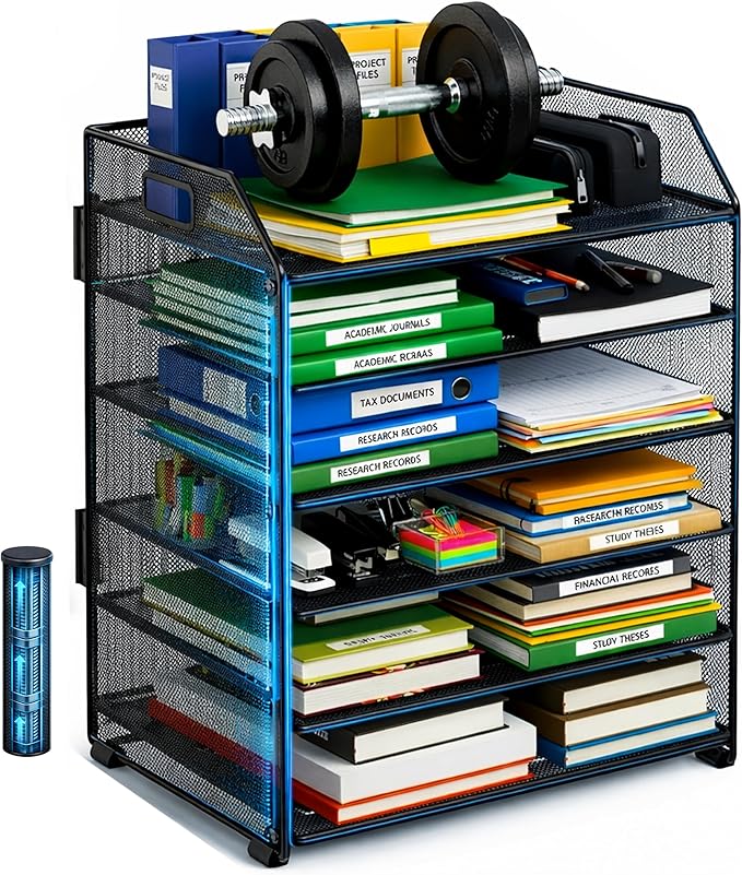 6-Tier Metal Paper Organizer, Black Letter Tray for Desk Office Supplies, Desktop File Folder Organizer Stand for Home, Office & Classroom Storage