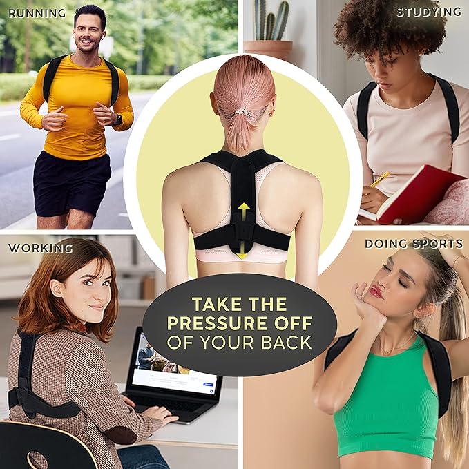Neck Stretcher & Posture Corrector for Women and Men, Cervical Traction for Spine Alignment, Adjustable Upper Back Brace & Elastic Support for Shoulder Back Pain Relief (Black)