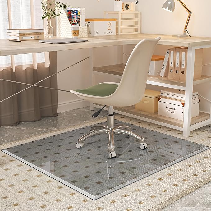 [Tempered Glass] 50“x44” Beveled Edge Glass Chair Mat with Polished Edge Clear Office Chair Mat, Glides Smoothly, Suitable for Carpet or Hardwood Floors (Grey)