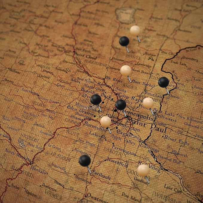 Push Pin Minnesota Map Board - With Push Pins to Mark Minnesota Travel - Handmade in Ohio, USA - Design: Golden Aged