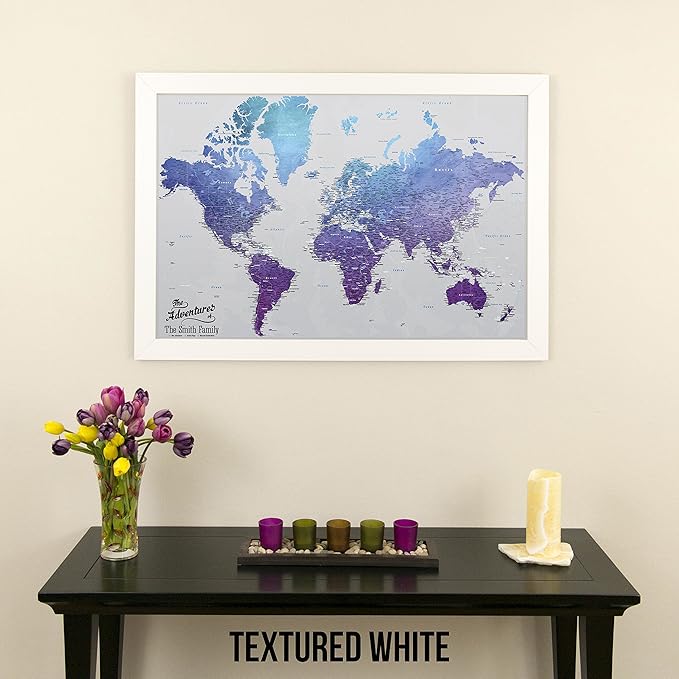 Canvas - Personalized Vibrant Violet World Push Pin Travel Map with Textured White Frame