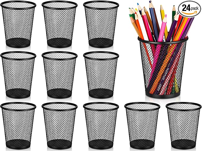 Leelosp 24 Pcs Pen Holder Mesh Pen Cup Bulk Metal Pencil Cup Holder for Desk Black Organizer Round Office Classroom for Back to School Students Kids Adult
