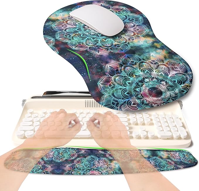 2-in-1 Ergonomic Set, Wave Rise Keyboard Wrist Rest and Massage Bulge Slope Mouse Pad Wrist Support, Cushion Memory Foam Integrated to Relieve Wrist Pain, Galaxy Mandala