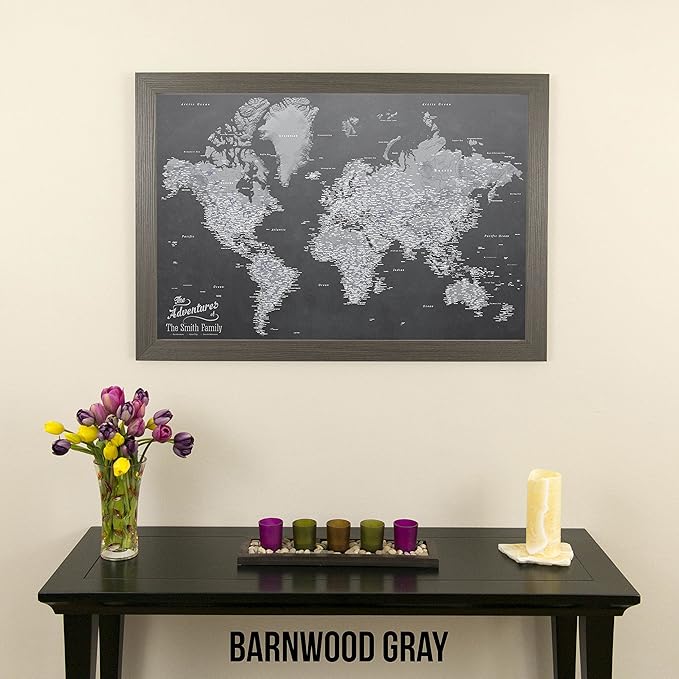 Canvas - Personalized Stormy Dreams World Push Pin Travel Map with Barnwood Gray Frame