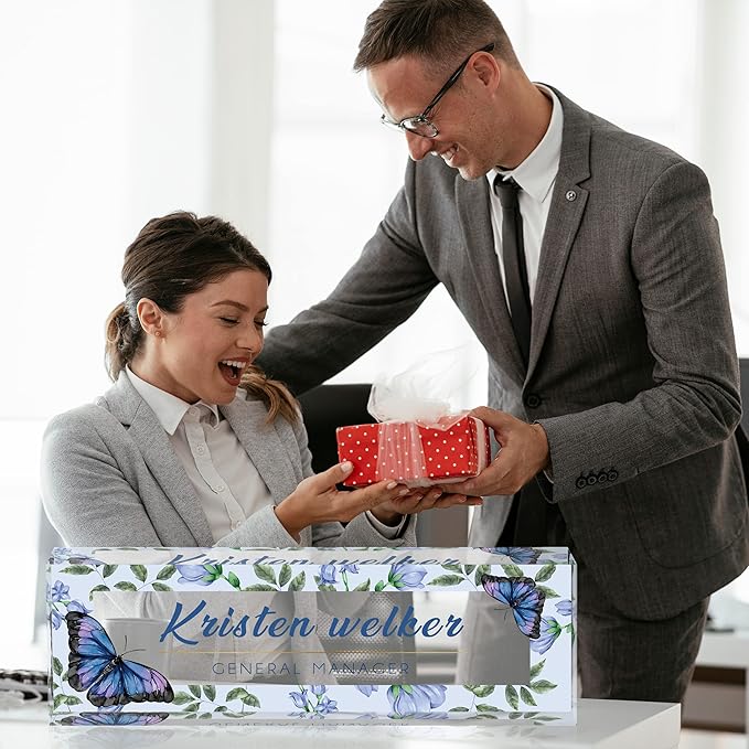 Desk Name Plate Personalized, Custom Name Plates for Desks, Office Desk Decor, Blue Butterfly Clear Acrylic Glass Block, Personalized Office Gifts for Women Men Boss Teacher Coworker Appreciation Gift