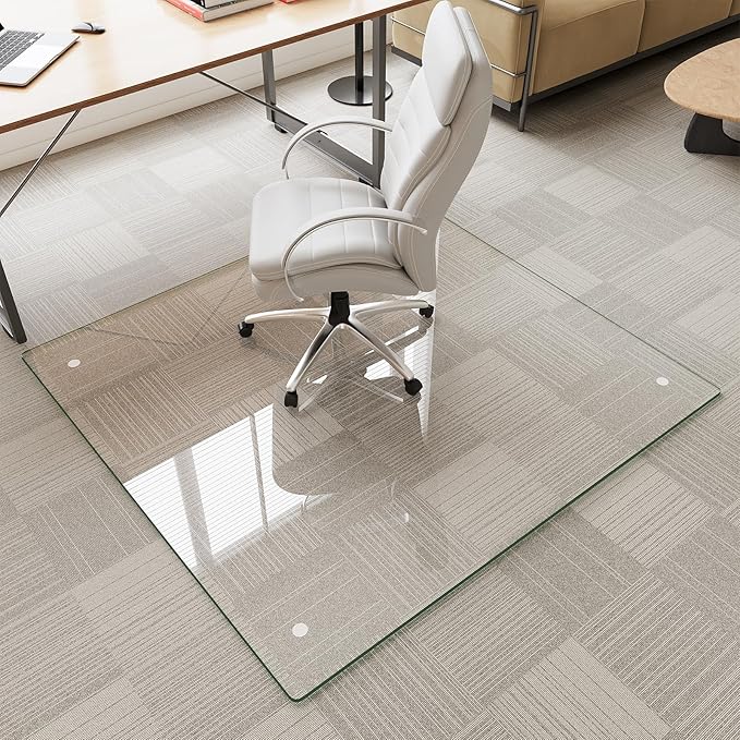 Tempered Glass Chair Mat for Carpet & Hard Floor, 48"x48" Office Chair Mat - Heavy Duty & Scratch Resistant, Non-Slip Pads, Rounded Corners & Polished Edges