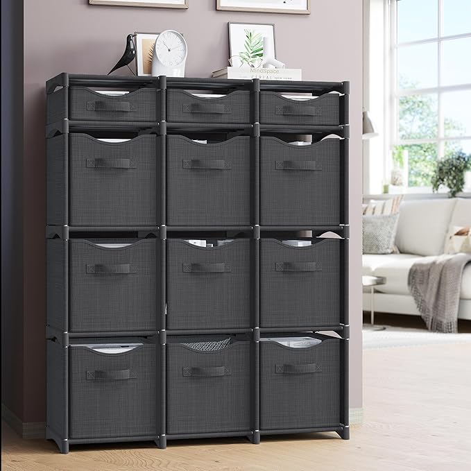 12 Cube Closet Organizers And Storage | Includes All Storage Cube Bins | Easy To Assemble Closet Storage Unit With Drawers | Room Organizer For Clothes, Baby Closet Bedroom, Playroom, Dorm (Dark Grey)