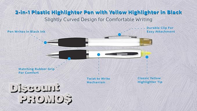 DISCOUNT PROMOS 10 Plastic Highlighter Pens Pack - Rubber Grip, Black Ink - Black